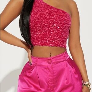 Pink Sequin One-Shoulder Top